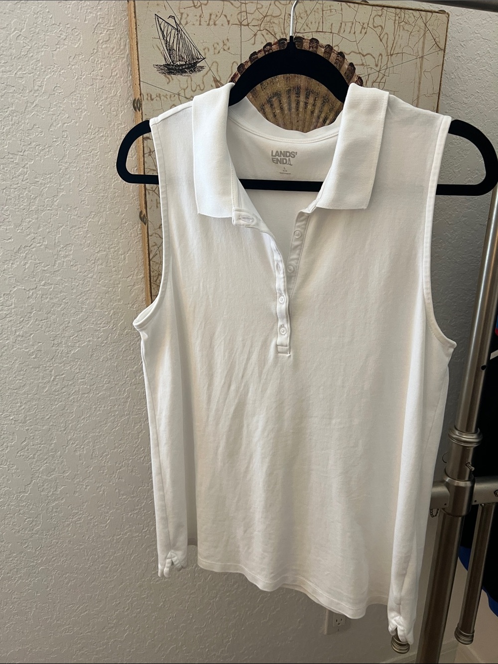 Lands' End White Sleeveless Polo Tank with Button Placket Collar
